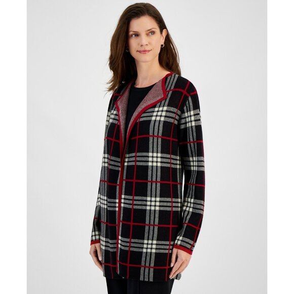 Kasper Petite Plaid Open-Front Cardigan Black Red Size PL MSRP $119